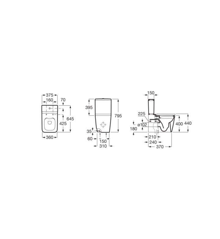 Тоалетна чиния за моноблок InspiraSquare Rimless, за монтаж до стена