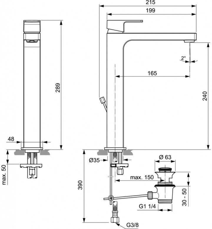 Смесител едноръкохватков Edge, за умивалник, висок, 240 mm