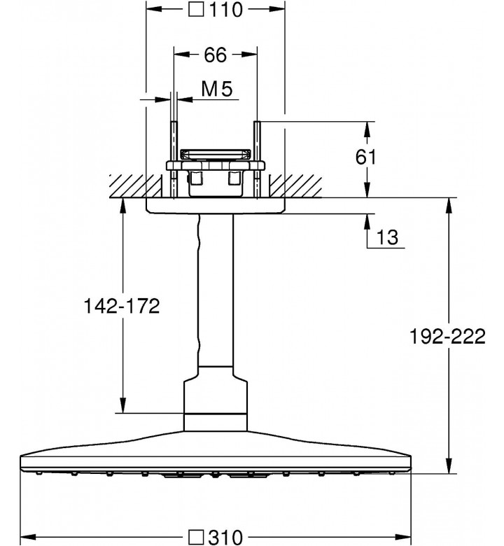 Комплект душ глава към таван 142 mm, 2 струи, Rainshower 310