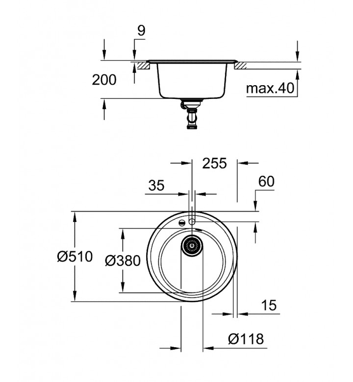 K200 кухненски умивалник ф 510 mm, композитен