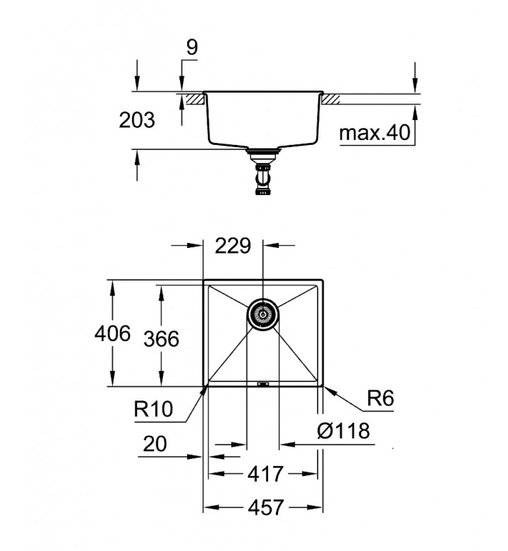 K700U кухненски умивалник композит, 457 x 406mm