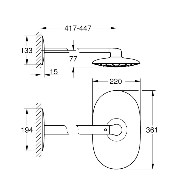 Rainshower Mono 360, комплект душ пита 450 mm, 1 струя