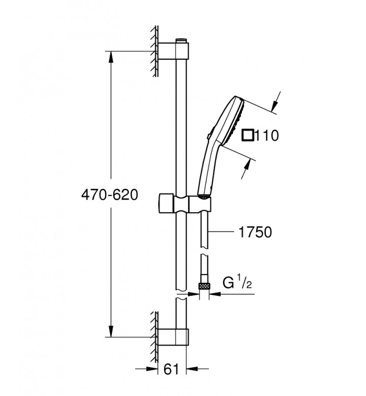 Комплект ръчен душ и окачване за баня, Tempesta Cube 110, 600 mm, 8.4l/min