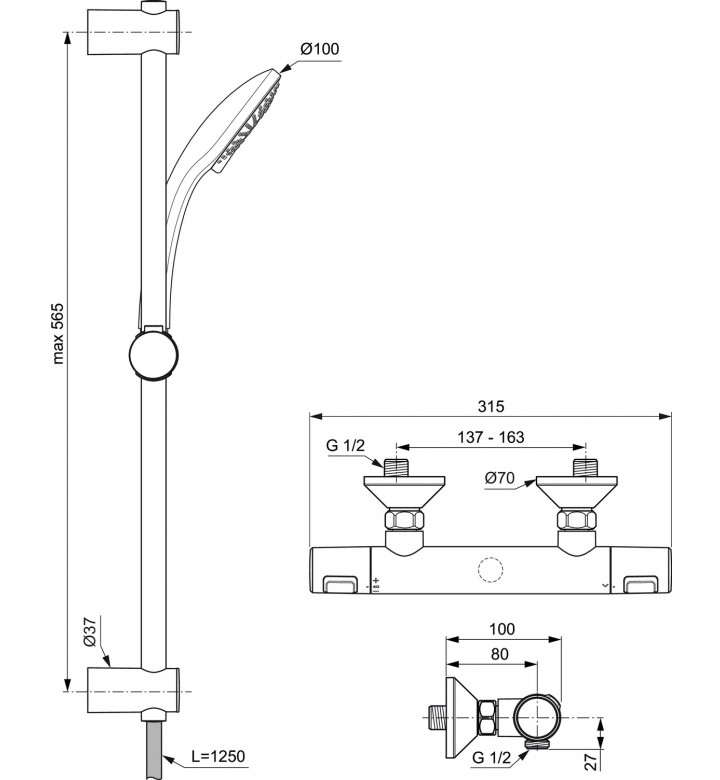 Ceratherm T25, термостатен смесител за душ с аксесоари