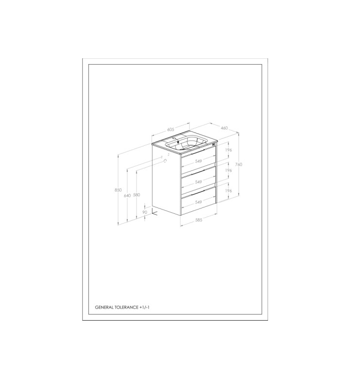 Базов модул Unik Alpine с 3 чекмеджета и умивалник, 605 х 460 х 760 mm, Light oak