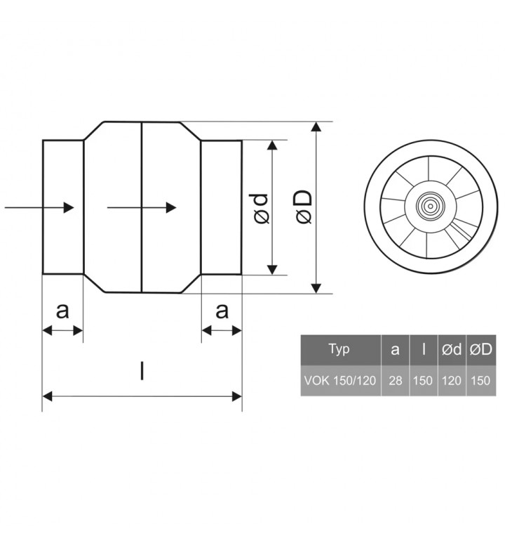 Вентилатор канален високотемпературен, 150°C / ф 120 mm, 46W, 51dB