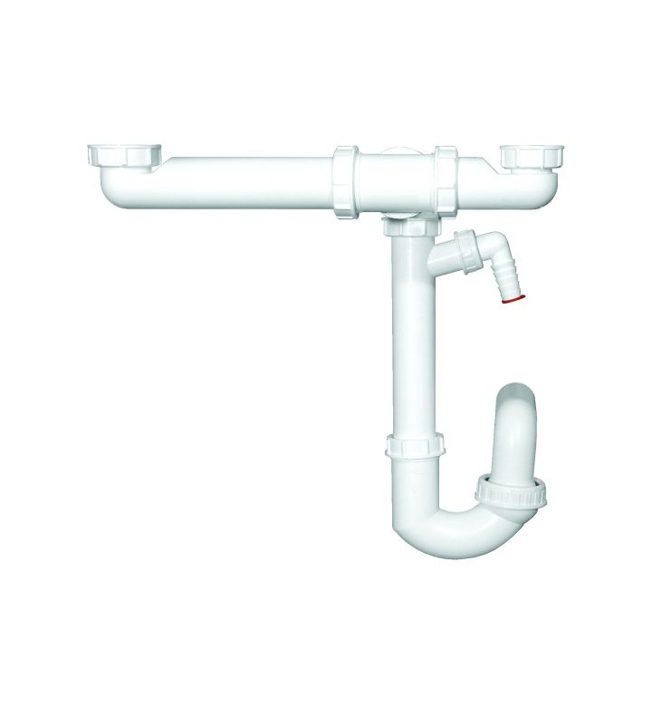 Сифон за двойна кухненска мивка DN50x2x6/4", спестяващ място