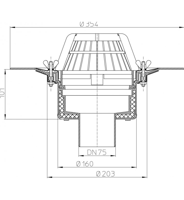 Подов сифон PERFEKT DN160, долно оттичане, рамка чугун 260 х 260 mm, пясъкоуловител и клапа