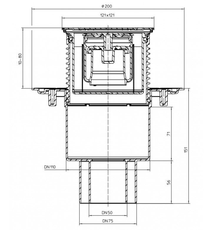 Подов сифон HL310 PrBlue-3000, DN50/75/110 , долно оттичане , Click-Clack 121 x 121 mm, 115 x 115 mm