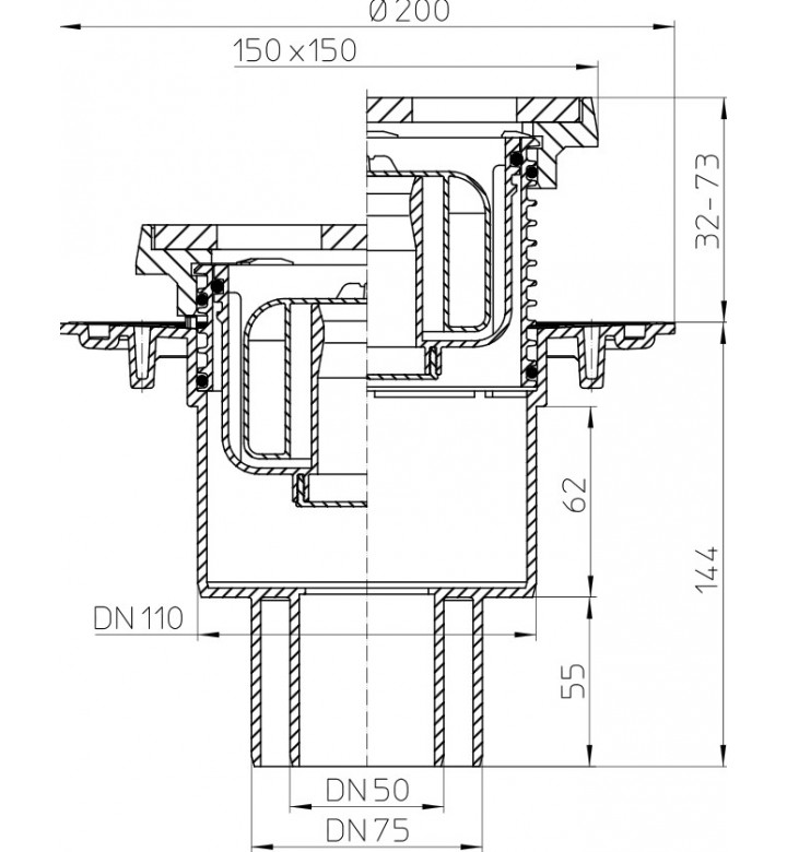 Подов сифон DN50/75/110, долно оттичане, воден затвор PRIMUS, 150x150 mm/137x137 mm - чугун