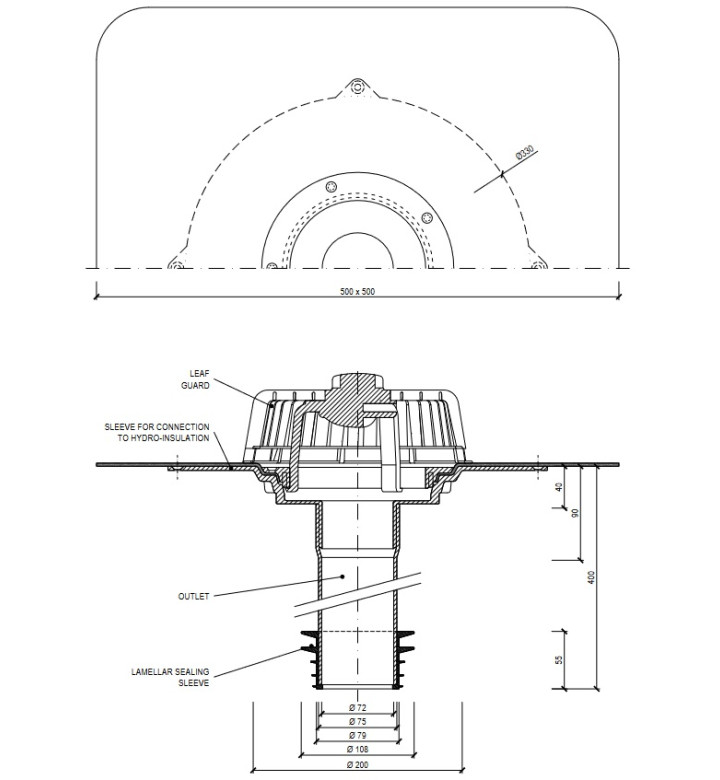 Воронка TopWet TW SAN 75 BIT, ремонтна, долно оттичане, битумна мембрана, h400 mm, 79-102 mm, ф 75