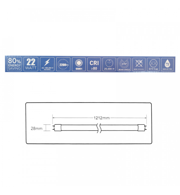 Тръба LED T8, 22W, 6500K, 230V, 2200Lm, 120cm