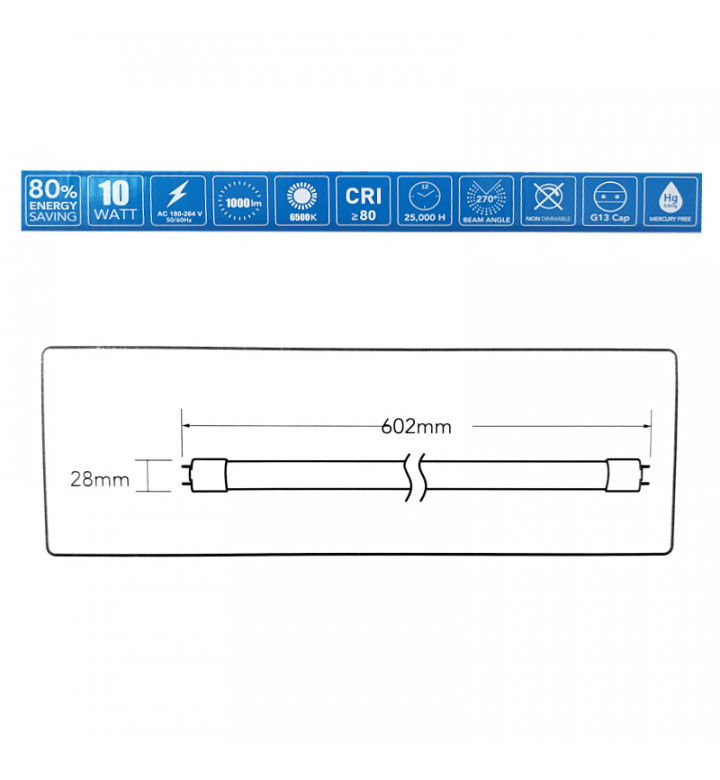 LED Тръба T8, 10W, 6500K, 230V, 1000LM, 60см