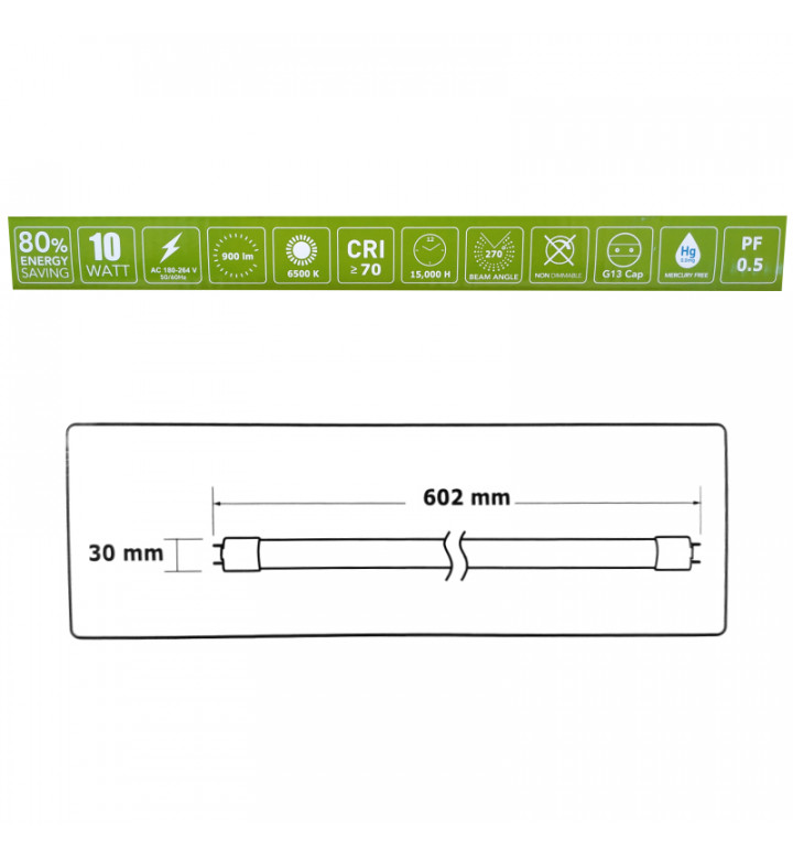 LED Тръба T8, 10W, 6500K, 230V, 900LM, 60cm, EKO