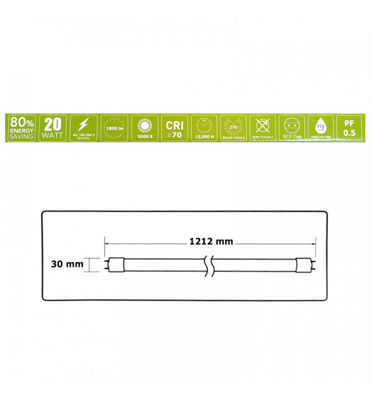 LED Тръба T8, 20W, 6500K, 230V, 1800LM, 120cm