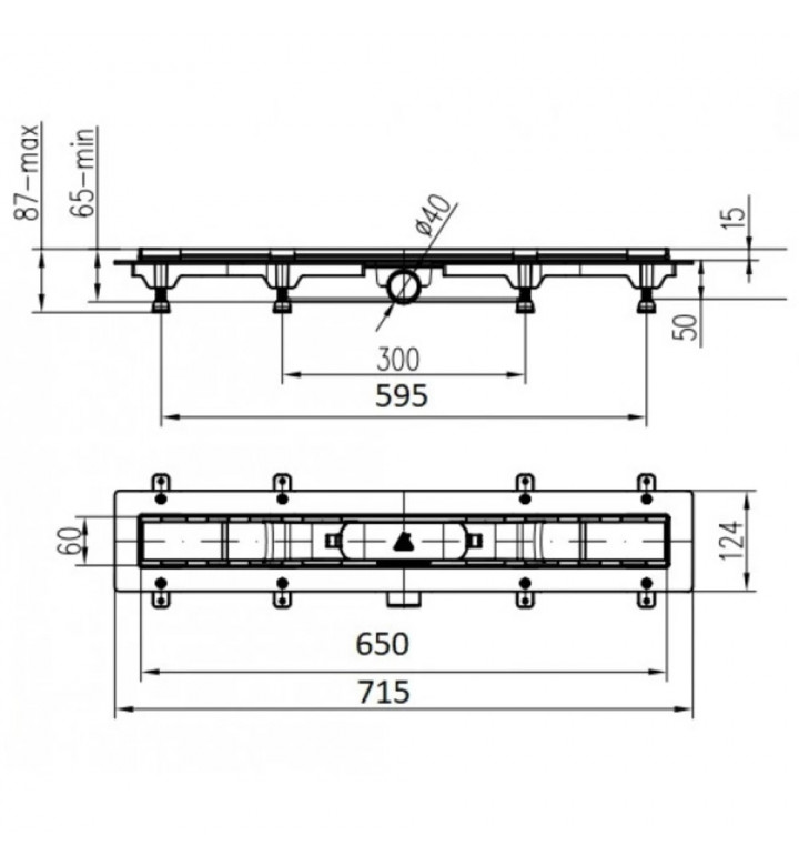 Сифон линеен ф 40 с метален ръб, L - 650 mm, H - 55 mm, CH 650 HN1