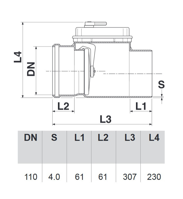Възвратна клапа с ревизия за канализация, с ръчен затвор и диск от инокс ф 110 mm
