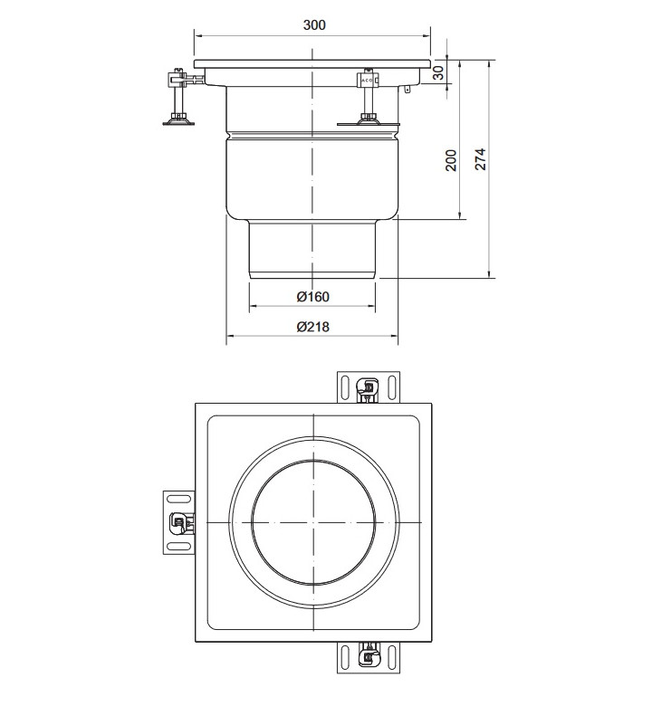 Хигиенен сифон ACO, EG218 300 x 300 mm, вертикално оттичане, DN150