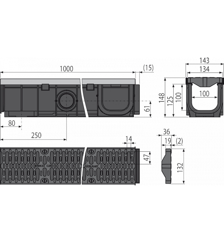 Външен канал в комплект с пластмасова решетка, 145 x 100 mm, C250, AVZ103-R403