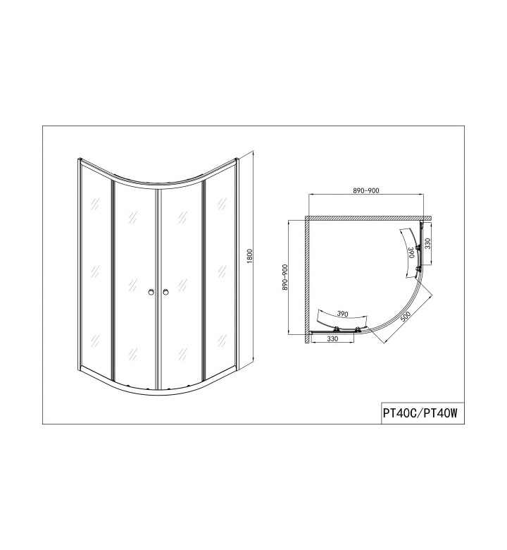 Душ кабина PT40W, 90 x 90 x 180 cm, бял профил
