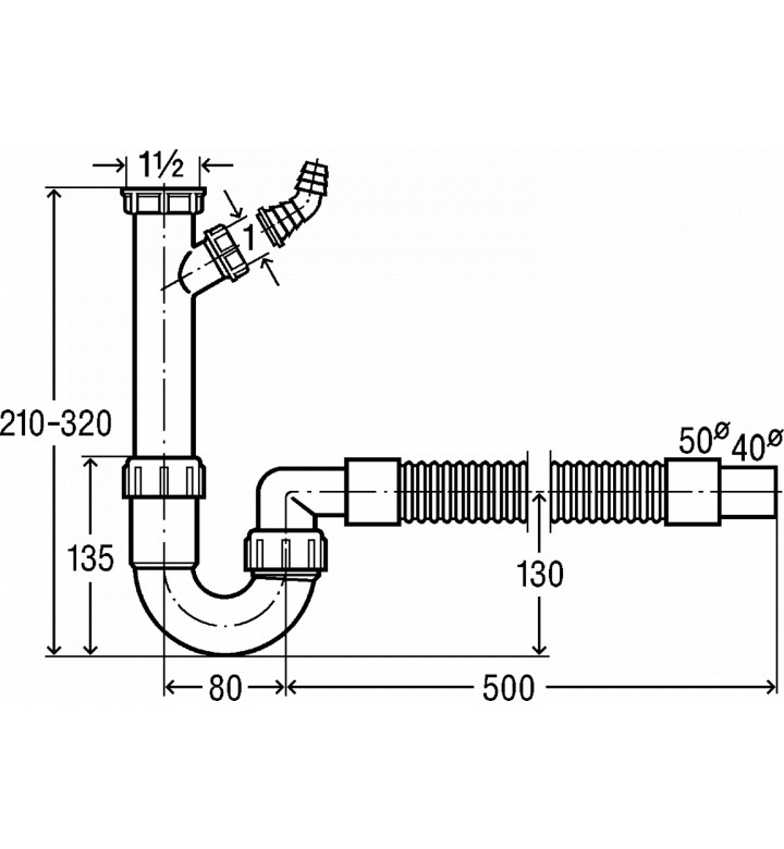 Сифон за умивалник, пластмасов с гъвкава връзка и щуцер ф 40/50 х 1 1/2