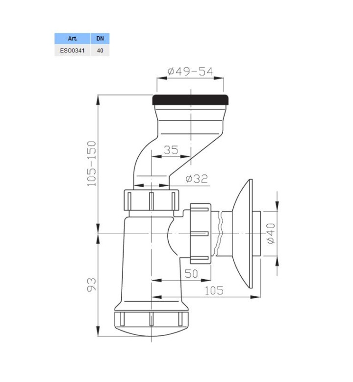 Бутилков сифон за писоар ф 40 - ф 49 / 54 mm