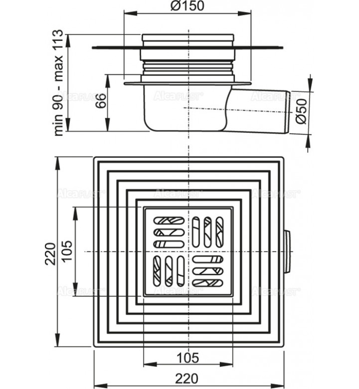 Подов сифон със странично оттичане, решетка от неръждаема стомана 105x105/50mm