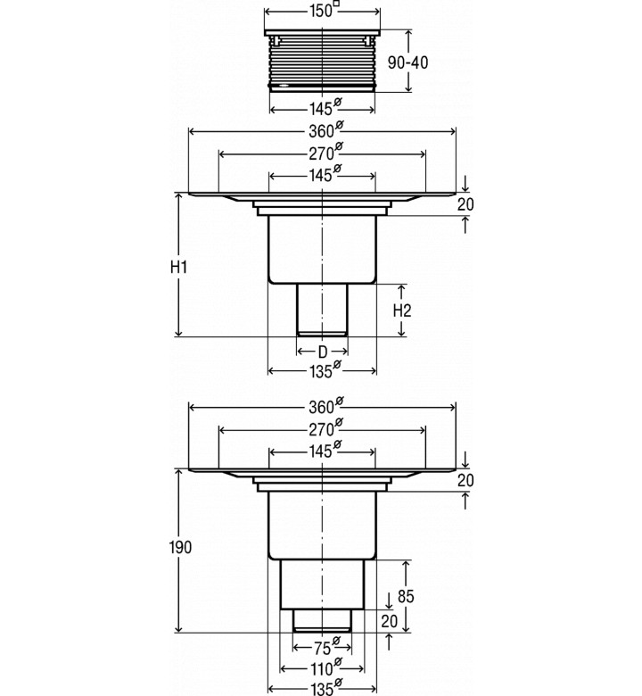 Подов сифон Advantix с долно оттичане 145x145mm ф 110mm