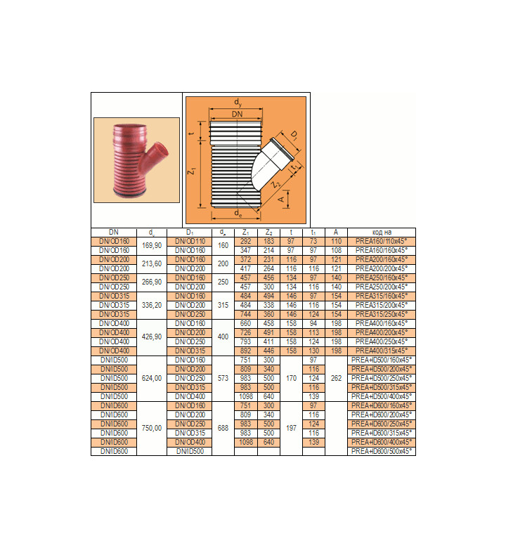 ППР разклонител PRAGMA DN/OD 315/315 45° с 1 уплътнение